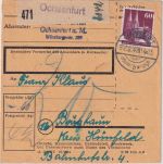 Bizone - 60 Pfg. Bauten Paketkarte Ochsenfurt - Burghaun 9.9.48 Nachporto