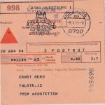BRD - 100+70 Pfg. I&T unfreie Nachnahme-Paketkarte Würzburg - Achstetten 1979