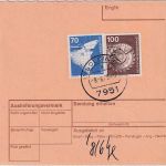 BRD - 100+70 Pfg. I&T unfreie Nachnahme-Paketkarte Würzburg - Ingoldingen 1979