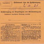 DR - 1,25 M. Reichspostamt Paketkarte Mühlhausen (Wern) - FFM 1.3.21