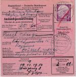 BRD - 40 Pfg. Heuss Postanweisung n. BELGIEN Würzburg - Brüssel 19.11.54