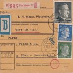 DR - 1 RM AH u.a. Wertpaketkarte/Beutelstück Pforzheim - Idar-Oberstein 16.6.44