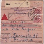 All.Bes. - 2x60 Pfg. Arbeiter Nachnahme-Paketkarte Würzburg 5 Darmstadt 30.4.48