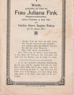 Bayern - Bad Tölz Juliana Fink Trauerrede 1921 + Todesanzeige Pepi Fink 1920
