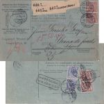 DR - 4x50+2x20 Pfg. K/A Perfin "SSJr" Paketkarte (3 Pkte.) Frankfurt a/M 1895