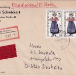 DDR - 2x70 Pfg. Sorbische Trachten Eil-Einschreibebrief Dresden Sinsheim 13.6.89
