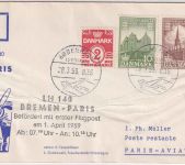 Dänemark - Lufthansa Erstflug Bremen/Paris Zuleitungspost 1.4.59 - sehr selten !