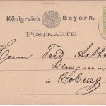 Bayern - 3 Pfg. Wappen Ganzsachenkarte Privatzudruck K1 Fürth - Coburg 1/1