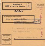 DR - Nürnberg 3 "S.S.W." 1943 65 Pfg. Registrierkassen-Stpl. Paketkarte