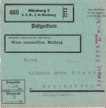 DR - Nürnberg 3 "S.S.W." 1943 40 Pfg. Registrierkassen-Stpl. Postgut-Paketkarte