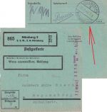 DR - Nürnberg 3 "S.S.W." 1943 40 Pfg. Registrierkassen-Stpl. Postgut-Paketkarte