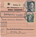 DR - 1 RM + 5 Pfg. AH Paketkarte Nürnberg 28 - Coburg 30.9.42