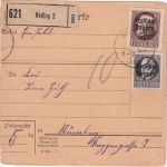 Bayern - 1 M. + 25 Pfg. Ludwig/Freistaat Paketkarte Roding 2 Nürnberg 13. JAN 20