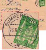 Bizone - Gummersbach 26.9.50 teilapt. Tagesstempel 10 Pfg. Ganzsachenkarte