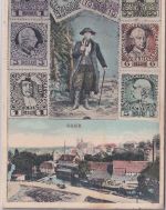 Österreich - Eger Ortsansicht/Briefmarken/männl. Tracht farb. AK gelaufen 1910