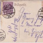 Österreich - Eger Ortsansicht/Briefmarken/weibl. Tracht farb. AK gelaufen 1910