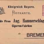 Bayern - 5 Pfg. Rauten Ganzsachenkarte Zudruck Fa. Hammerschlag Bremen 1889