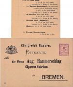Bayern - 5 Pfg. Rauten Ganzsachenkarte Zudruck Fa. Hammerschlag Bremen 1889