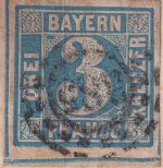 Bayern - 3 Kr. Quadrat blau Brief oMR 385 HKS Passau XII 15/1 1860 n. Obernzell