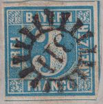 Bayern - 3 Kr. Quadrat blau Brief gMR 311 HKS Schwabach 26/6 (1855) n. Bamberg