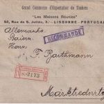 Portugal - 4x25 R. Carlos I. Einschreibebrief Lissabon - Marktredwitz 1908