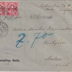 Schweiz - 2x10 Rp Wappen/Ziffer Nachnahmebrief Postablage-L2 Bachs (Zürich) 1905