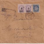 Norwegen - 60 Ö. Posthorn u.a. Einschreibebrief Trondheim - Marktredwitz 1908