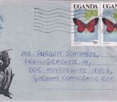Uganda - 2x70 Sh. Schmetterling Aerogramme Kampala - Meuselwitz 1990