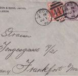 England - 1/2+2x1 P. Victoria Brief Leeds - Frankfurt a/M 1896