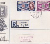 England - 6 P. + 1'6 Sh. Europa Schuck-FDC/Einschreibebrief Camberley 1960