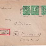All.Bes. - 3x42 Pfg. Ziffer Einschreibebrief Hamburg - München 1947