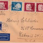 DDR - 3x30+50 Pfg. J.S. Bach u.a. Luftpostbrief n. USA Leipzig - Detroit 2.11.50
