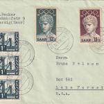 Saar - 12+15 Fr. Olympiade u.a. Brief n. USA merzig - lake Forest 1956