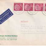 BRD - 20 Pfg. Heuss 4er-Streifen Luftpostbrief n. USA Hamburg-Flughafen 1956