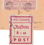 SBZ/Lokalausgabe Straussberg - Wiederaufbau 4er-Streifen geschn. gestpl. 18.6.46
