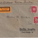 DR - 2x10 Pfg. Adler Luftpostbrief Duisburg - Berlin-Steglitz 1926