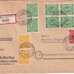 All.Bes.. - 15 Pfg. Ziffer 4er-Bl./OR-Walze u.a. Einschreibebrief Stollhamm 1947