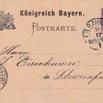 Bayern - Nürnberg I Hof Bahnpost-K1 5 Pfg. Ganzsache Hirschaid Schweinfurt 1887