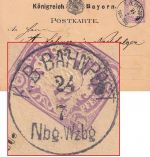 Bayern - Nürnberg Würzburg Bahnpost-K1 5 Pfg. Ganzsache n. Fürth 1877