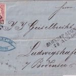 Bayern - 3 Kr. Wappen geschn. Brief oMR 32 L2 Bahnhof Augsburg 28. AUG 1868