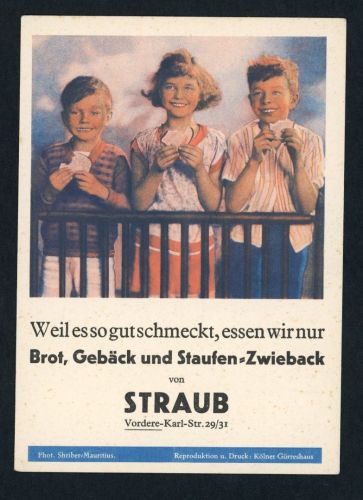 Werbepostkarte aus den 1930er Jahren Bäckerei Straub / Staufen Zwieback