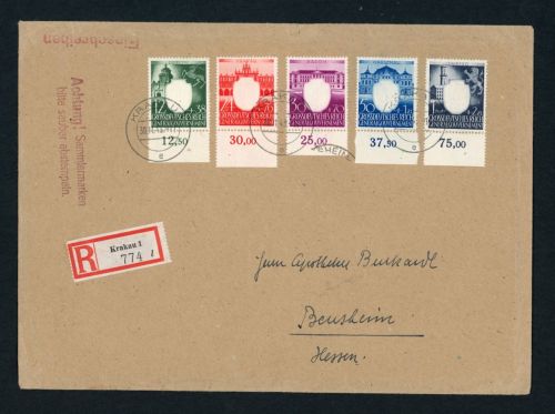 Generalgouvernement MiNr. 105 - 109 Satzbrief Einschreiben Krakau n. Bensheim