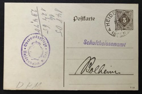 Württemberg Dienst Ganzsache Oberamtspflege Heidenheim n. Bohlheim 1916