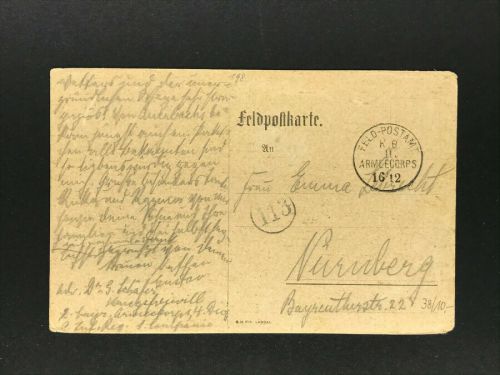 I. WK Feldpostkarte Feld-Postamt K.B. II. Armeecorps n. Nürnberg 1914