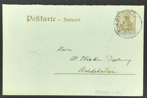 Ganzsache P 80A Antwortkarte Mössingen geprägtem Post Kontrollstempel 1908