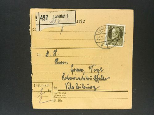 Bayern Einzelfrankatur Paketkarte Mi.Nr. 100 Landshut n. Vilsbiburg 1918