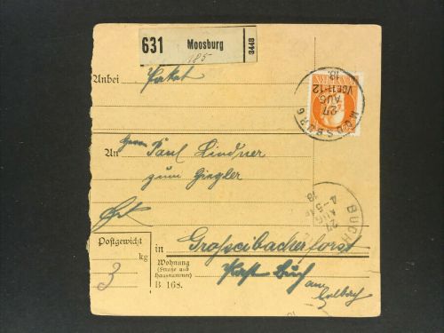 Bayern Einzelfrankatur Paketkarte Mi.Nr. 99 Moosburg n. Großeibacherforst 1916
