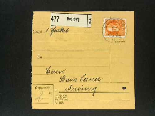 Bayern Einzelfrankatur Paketkarte Mi.Nr. 99 Moosburg n. Freising 1916