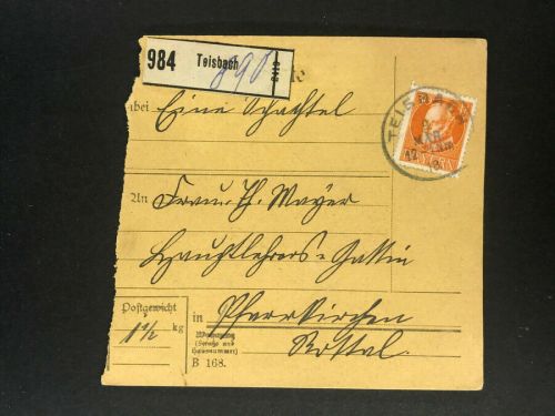 Bayern Einzelfrankatur Paketkarte Mi.Nr. 99 Teisbach n. Pfarrkirchen 1916