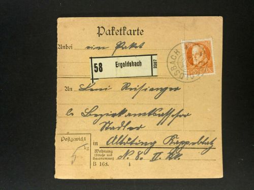 Bayern Einzelfrankatur Paketkarte Mi.Nr. 99 Ergoldsbach n Altötting 1916